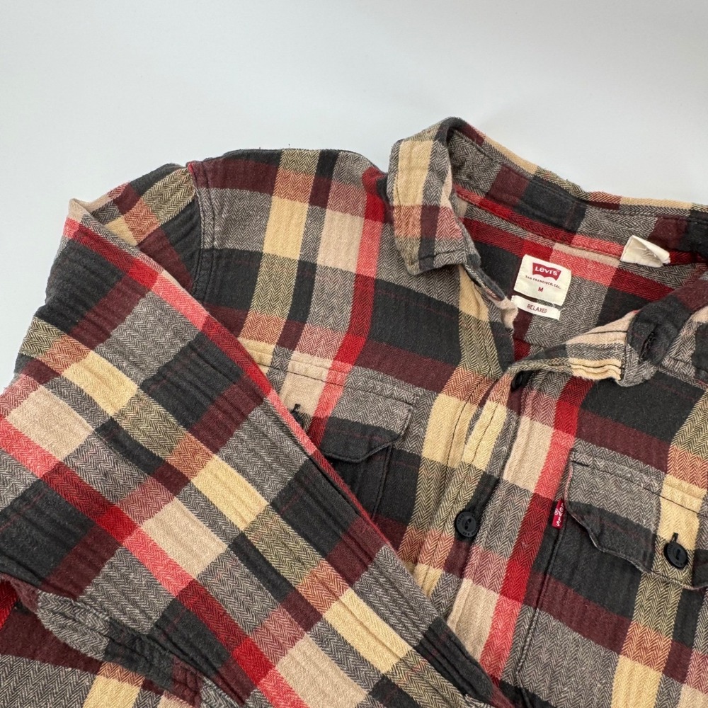 Levis Flannel Shirt Mens M Plaid Cotton‎ Hemp Relaxed Fit Red Grey Herringbone